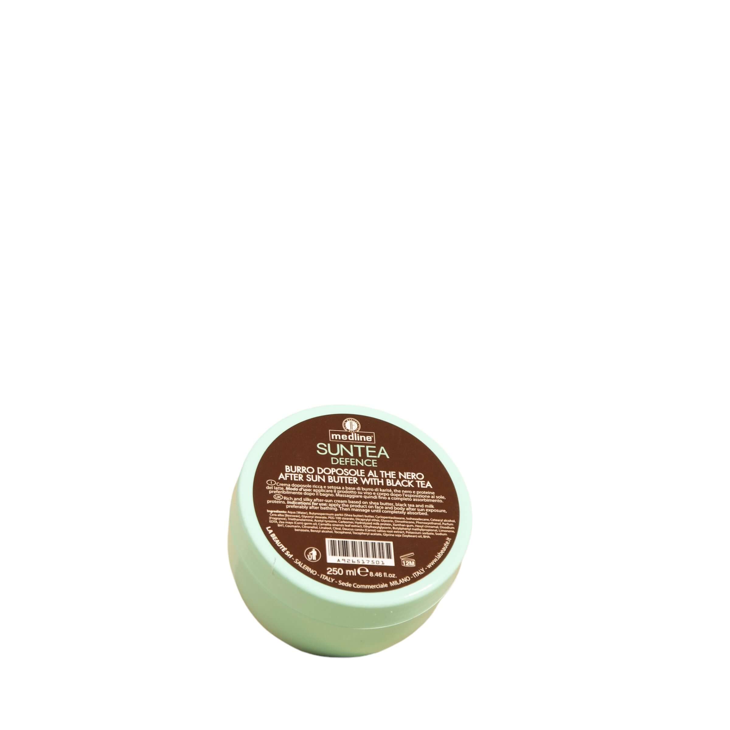 Burro Doposole al The Nero, 250 ml, crema doposole con burro di karité e proteine del latte per pelle idratata.