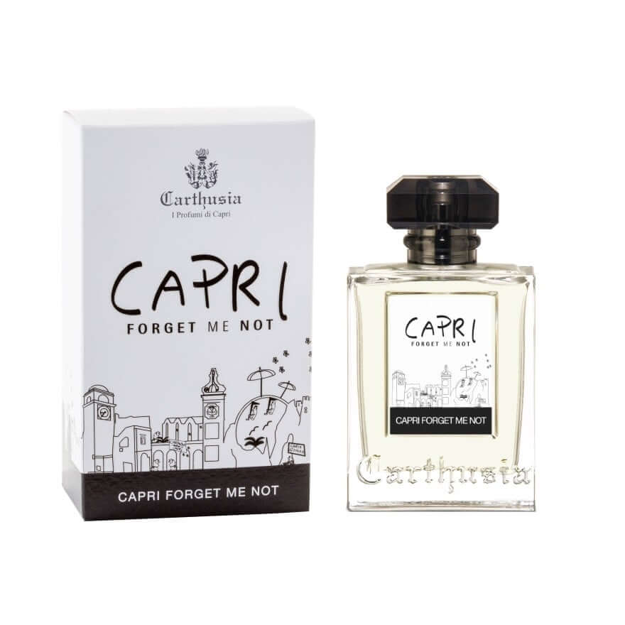 Capri Forget Me Not Eau De Parfum bottle and box, featuring fresh citrus and vanilla notes, 100 ml.