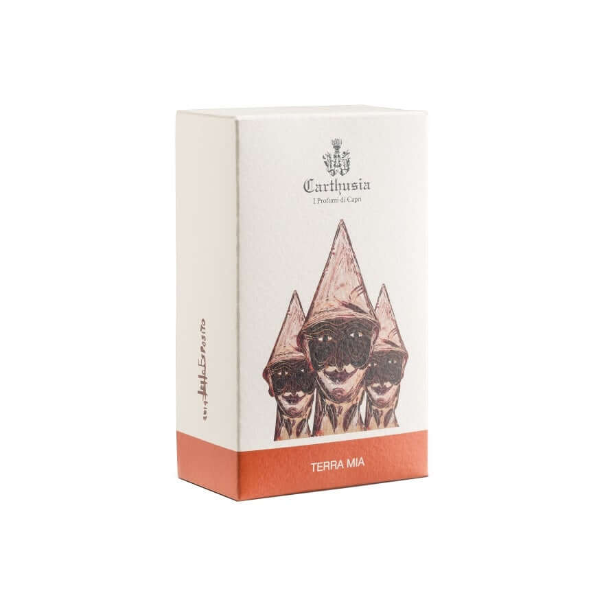 Terra Mia Eau De Parfum packaging featuring unique artwork and elegant design, 100 ml fragrance inspired by coffee and orange blossoms.