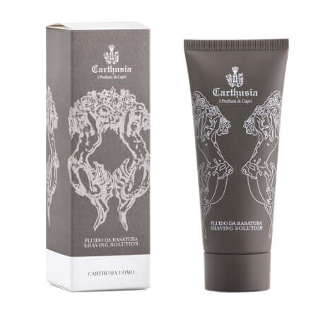 Carthusia Uomo shaving cream with elegant packaging, designed for quick and perfect shaves for men.
