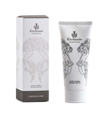 Carthusia Uomo Dopobarba, 100 ml, hydrating aftershave balm for soothing skin post-shave, elegant packaging.