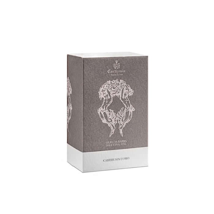 Carthusia Uomo Dopobarba packaging. High-quality aftershave oil for healthy, soft beards. 30 ml.