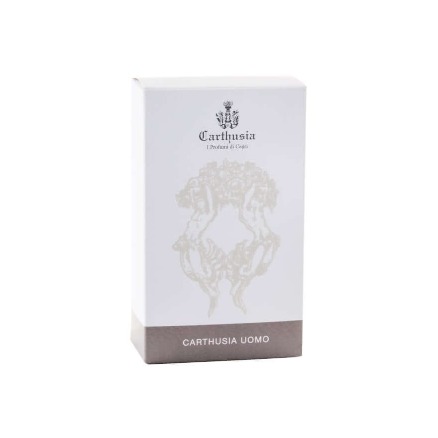 Carthusia Uomo Eau De Parfum box, elegant design, fresh scent for a stylish man, 100 ml.