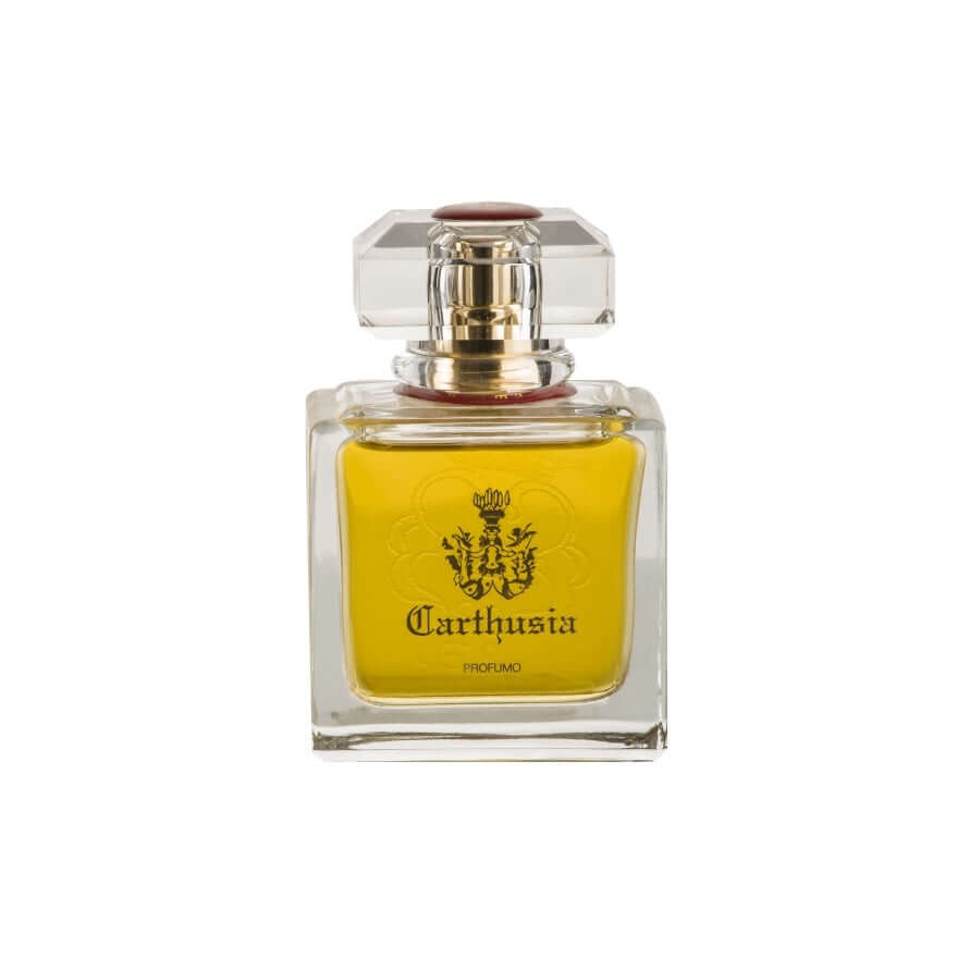 Carthusia perfume bottle with yellow liquid in elegant glass packaging, showcasing luxury fragrance design.