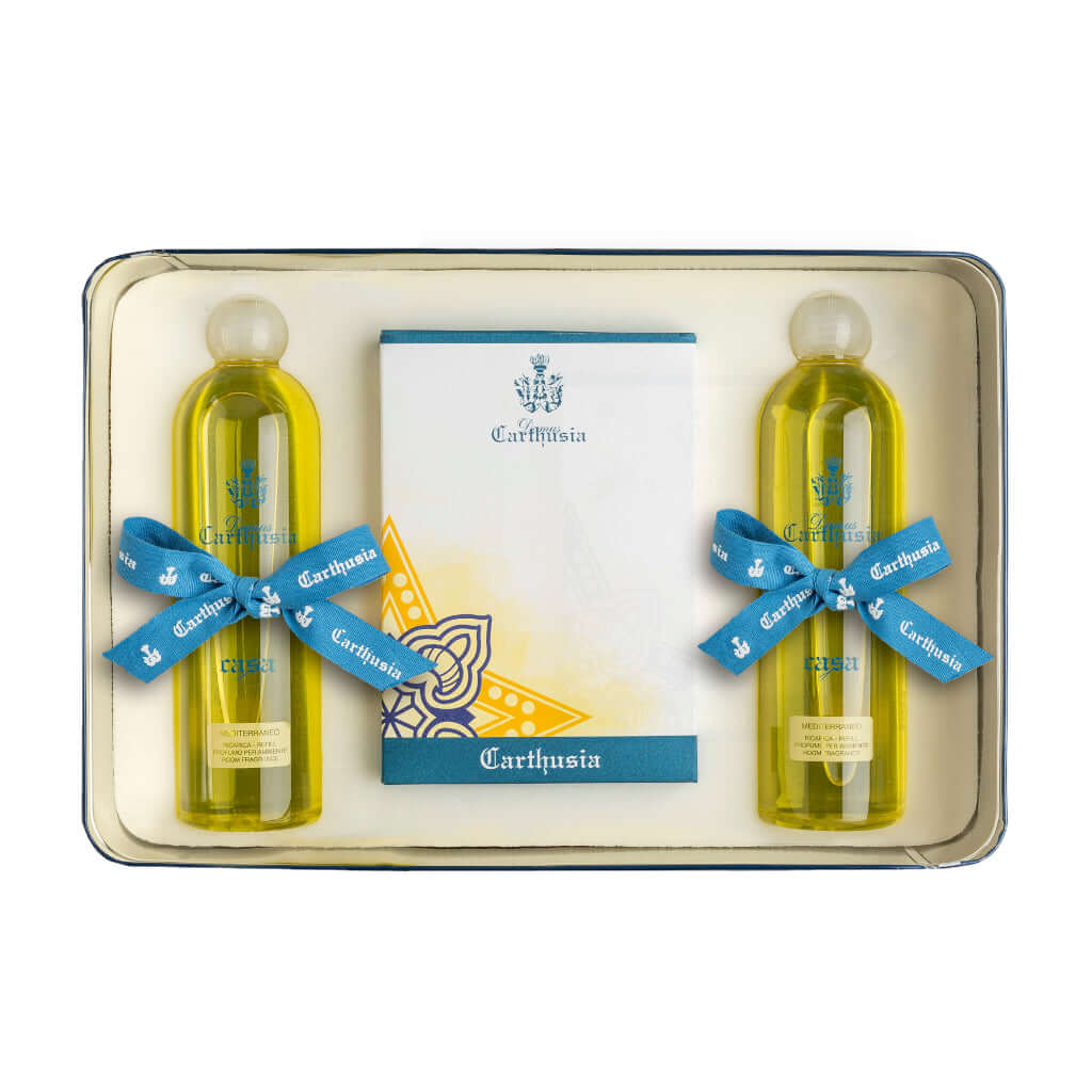 Ceramica Giallo Diffusore set with two 500ml refill bottles and box, elegantly packaged with blue ribbons.