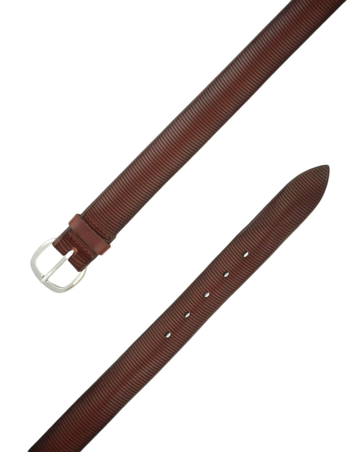 Cintura Bull Soft Bruciato in Cuoio, 3.5 cm leather belt with embossed design and silver finish, made in Italy.
