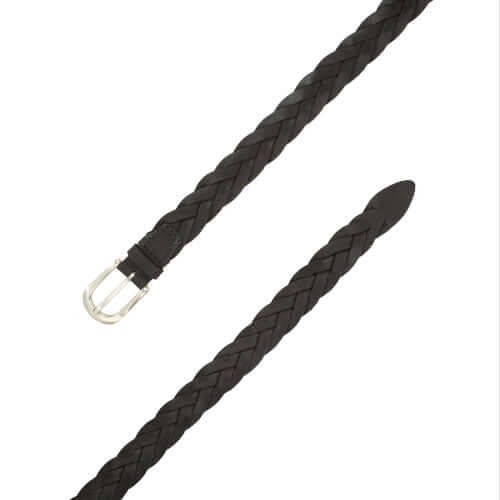 Cintura Cardiff in cuoio nero, altezza 2,5 cm, fibbia argentata, intrecciata, Made in Italy.
