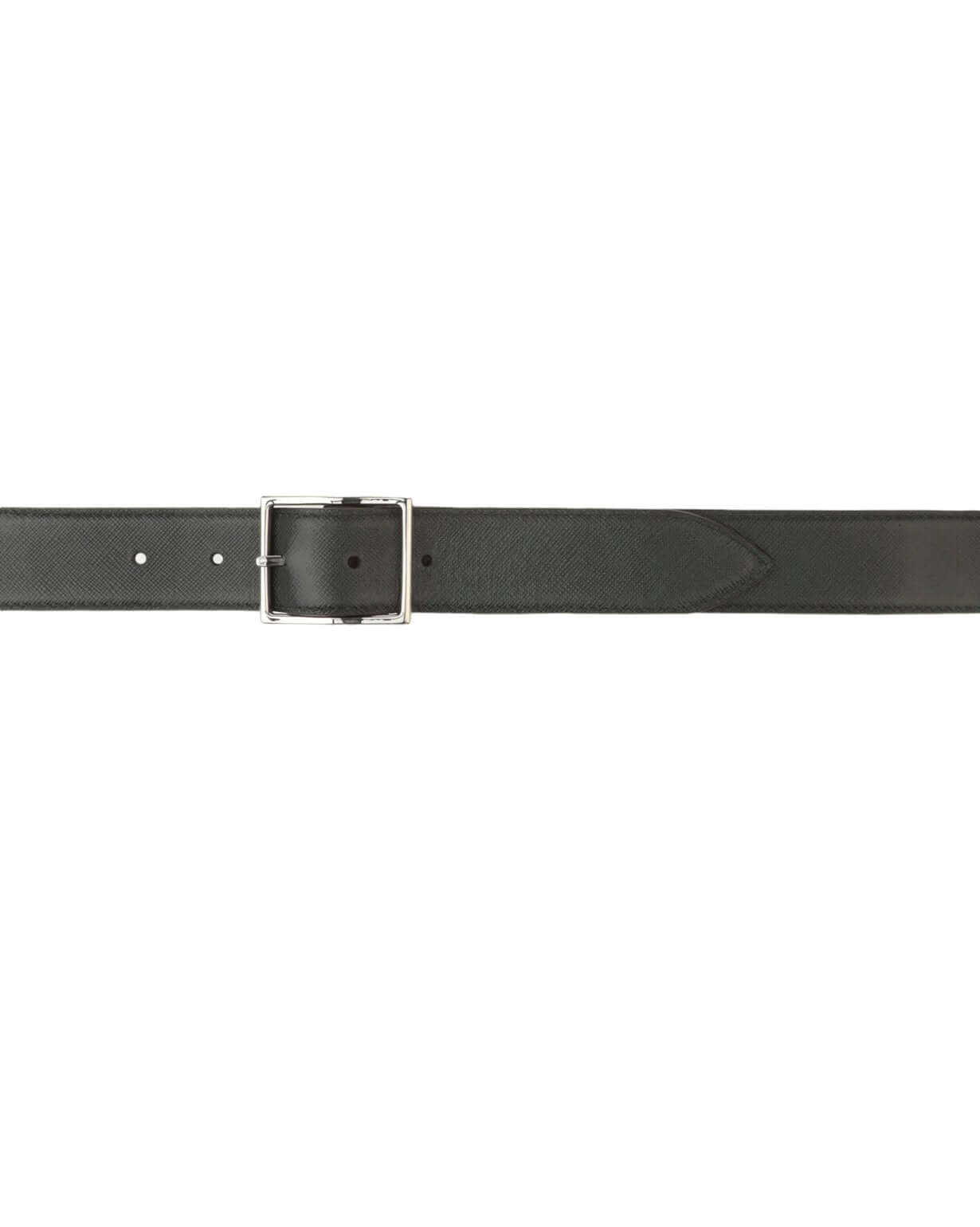 Cintura Double Biometrica in pelle Saffiano, reversibile in ebano e nero, con fibbia lucida, made in Italy, h. 3.5 cm.