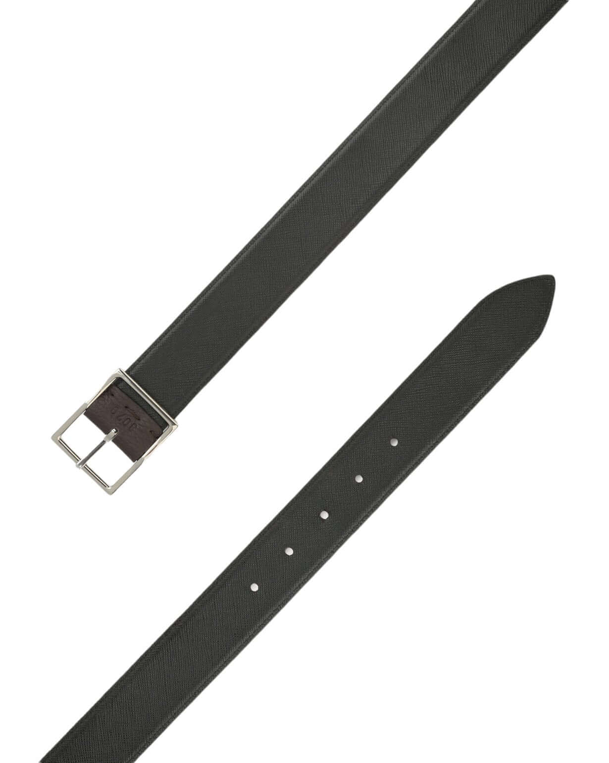 Cintura Double Biometrica Dollaro+Saffiano in ebano e nero, reversibile, in pelle, con fibbia lucida nickel, made in Italy.