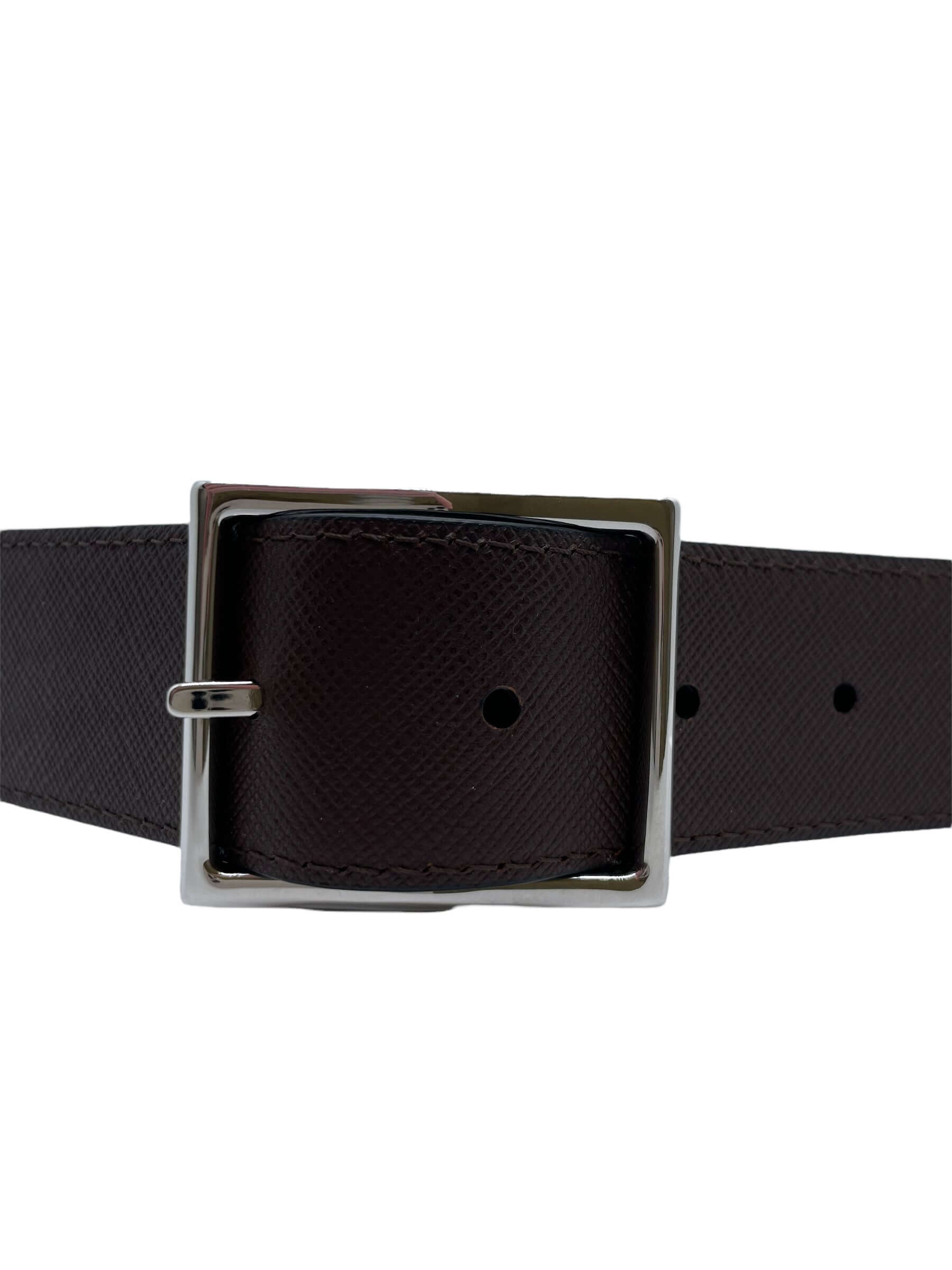 Cintura Double Biometrica Dollaro+Saffiano in navy e testa di moro, pelle reversibile, fibbia nichel lucido, made in Italy.