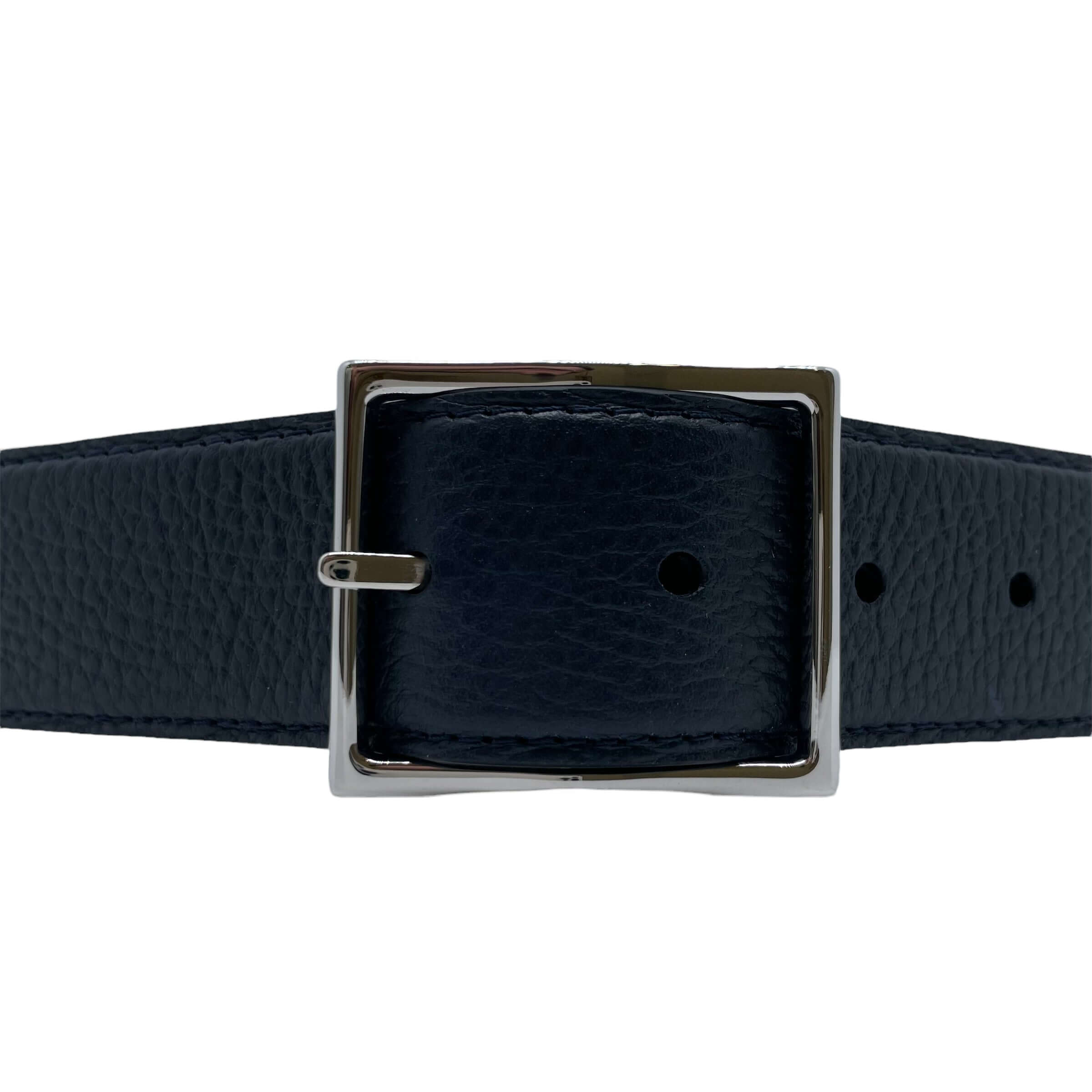 Cintura Double Biometrica Dollaro+Saffiano in navy leather with shiny nickel finish buckle, made in Italy.