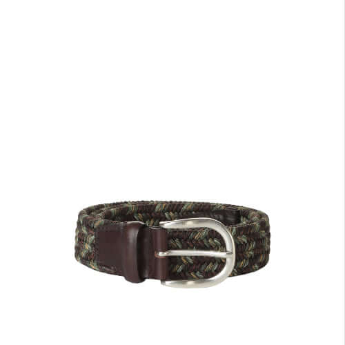 Cintura elastica in lino e cuoio, fibbia argentata, intreccio ispirato alla natura, Made in Italy.