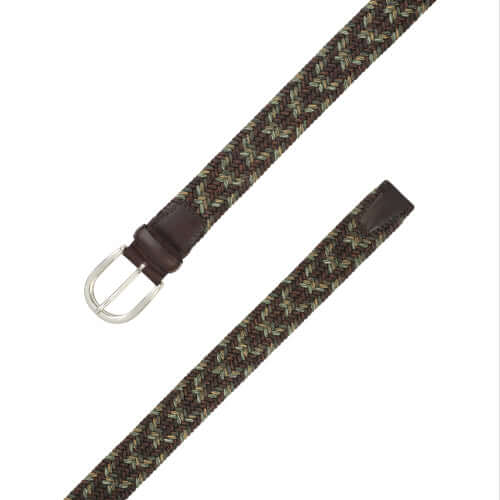 Cintura elasticizzata in lino e cuoio con fibbia argento, 3,5 cm, intreccio color terra, Made in Italy.