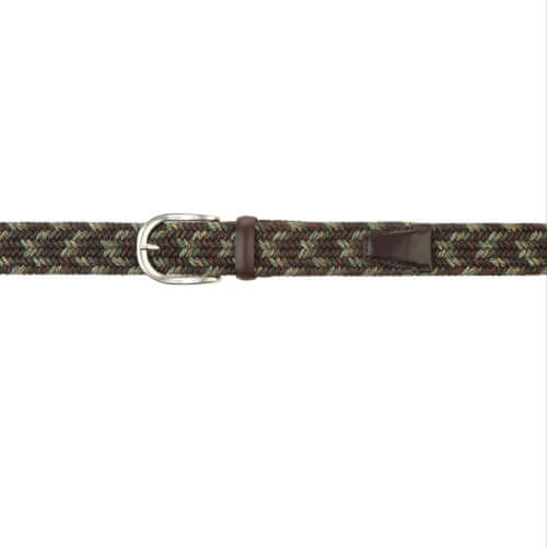 Cintura elasticizzata in lino e cuoio color terra, fibbia argentata, Made in Italy, altezza 3,5 cm, dettagli intrecciati.