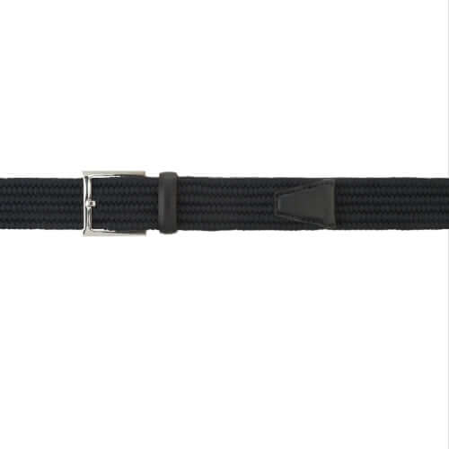 Cintura elasticizzata Sailor in tessuto navy con fibbia palladio, dettagli in pelle, altezza 3,5 cm, made in Italy.