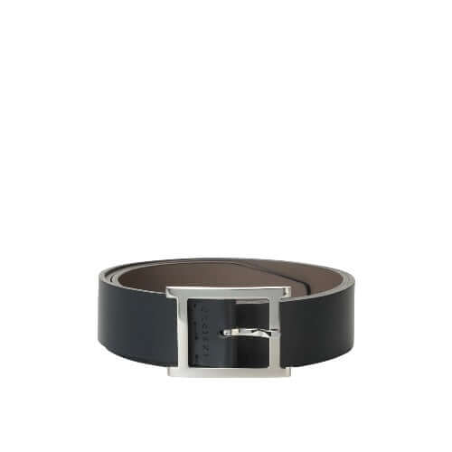 Cintura Monaco Double in Navy and Fango, 3.5cm reversible leather belt with palladium finish buckle, made in Italy.