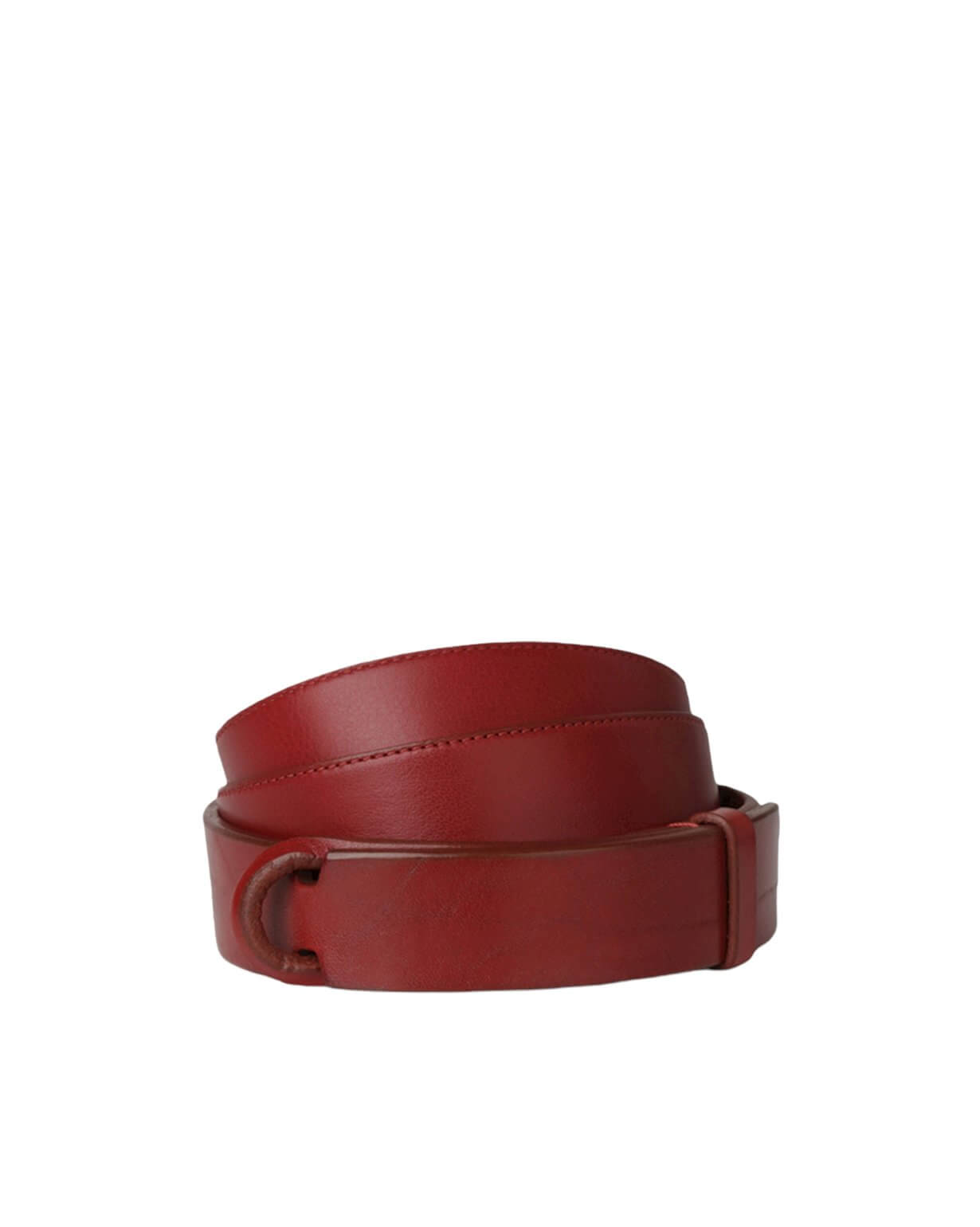 Cintura nobuckle in cuoio rosso senza fibbia, regolabile da taglia 42 a 58, made in Italy.