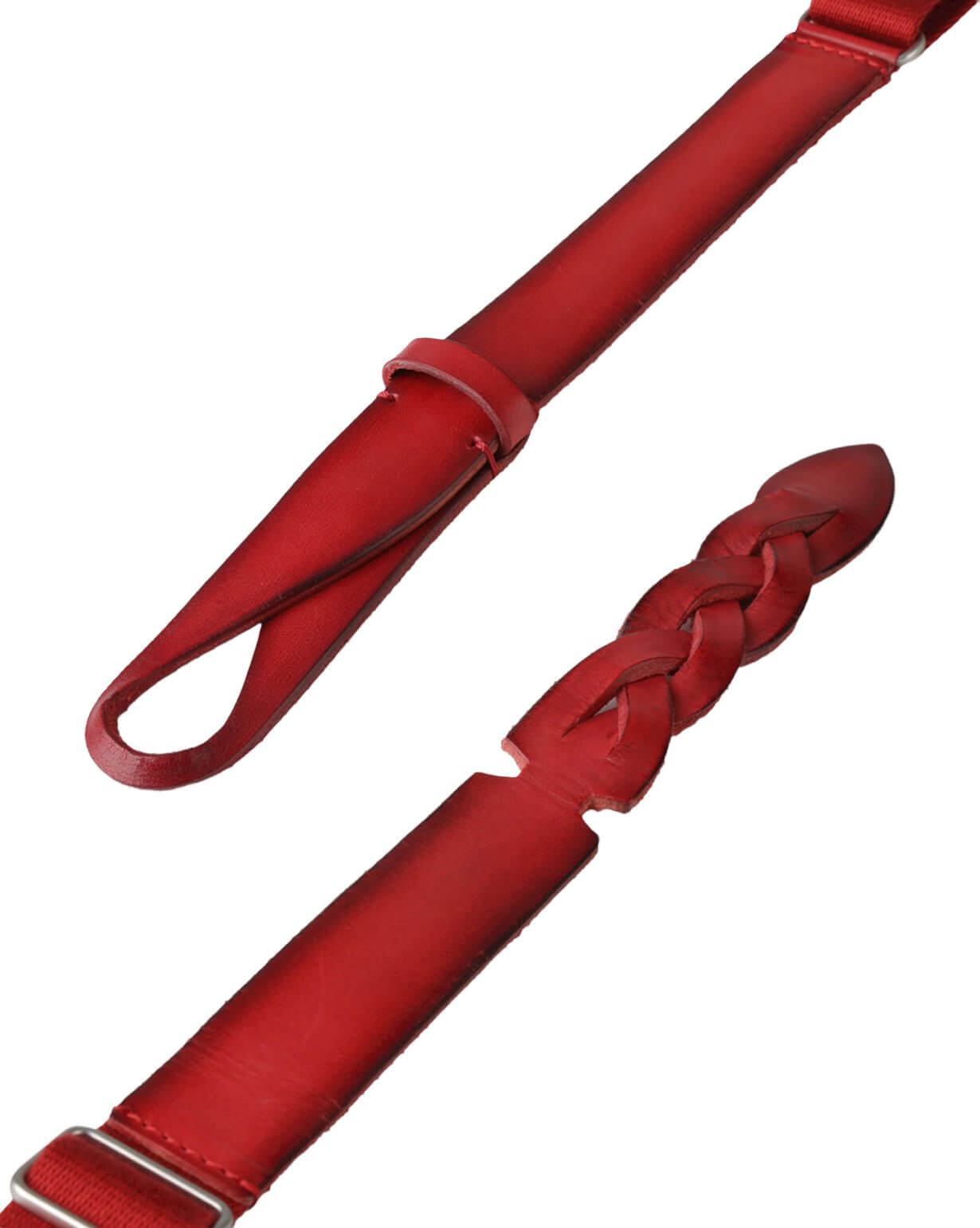 Cintura Nobuckle Dive in red leather with braided tip, adjustable from size 42 to 58, made in Italy.