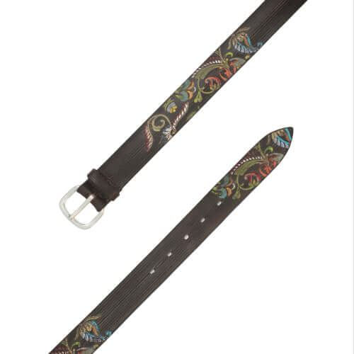 Cintura Paisley in cuoio unico con fibbia argentata, dettagli dipinti a mano, altezza 3,5 cm, Made in Italy.