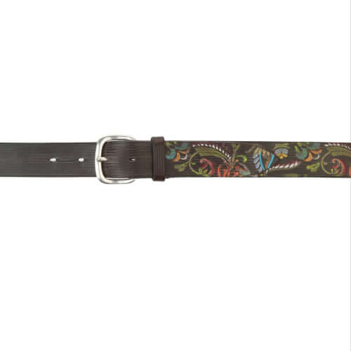 Cintura Paisley in Cuoio Unique, 3.5 cm height, handmade painted leather belt with silver buckle, made in Italy.