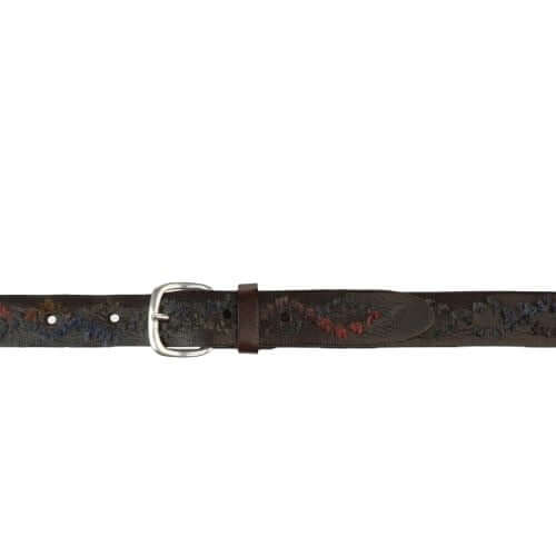 Cintura sportiva maschile in cuoio con ricamo multicolore e fibbia argento, made in Italy, h. 3,5 cm.