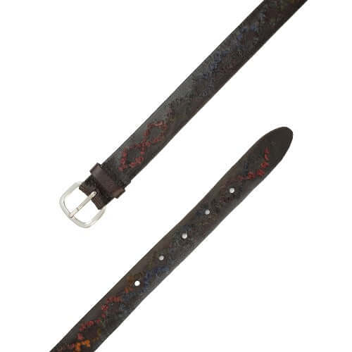 Cintura sportiva maschile in cuoio testa di moro con ricamo multicolor e fibbia argento made in Italy.