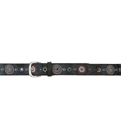 Cintura sportiva in pelle con ricami colorati, fibbia inglese, made in Italy, H. 3,5 cm.