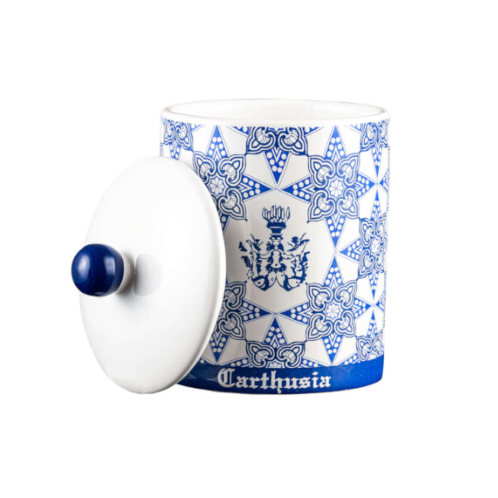 Handcrafted blue ceramic candle holder by Carthusia, designed for fragrance inclusion, elegant and artisanal.