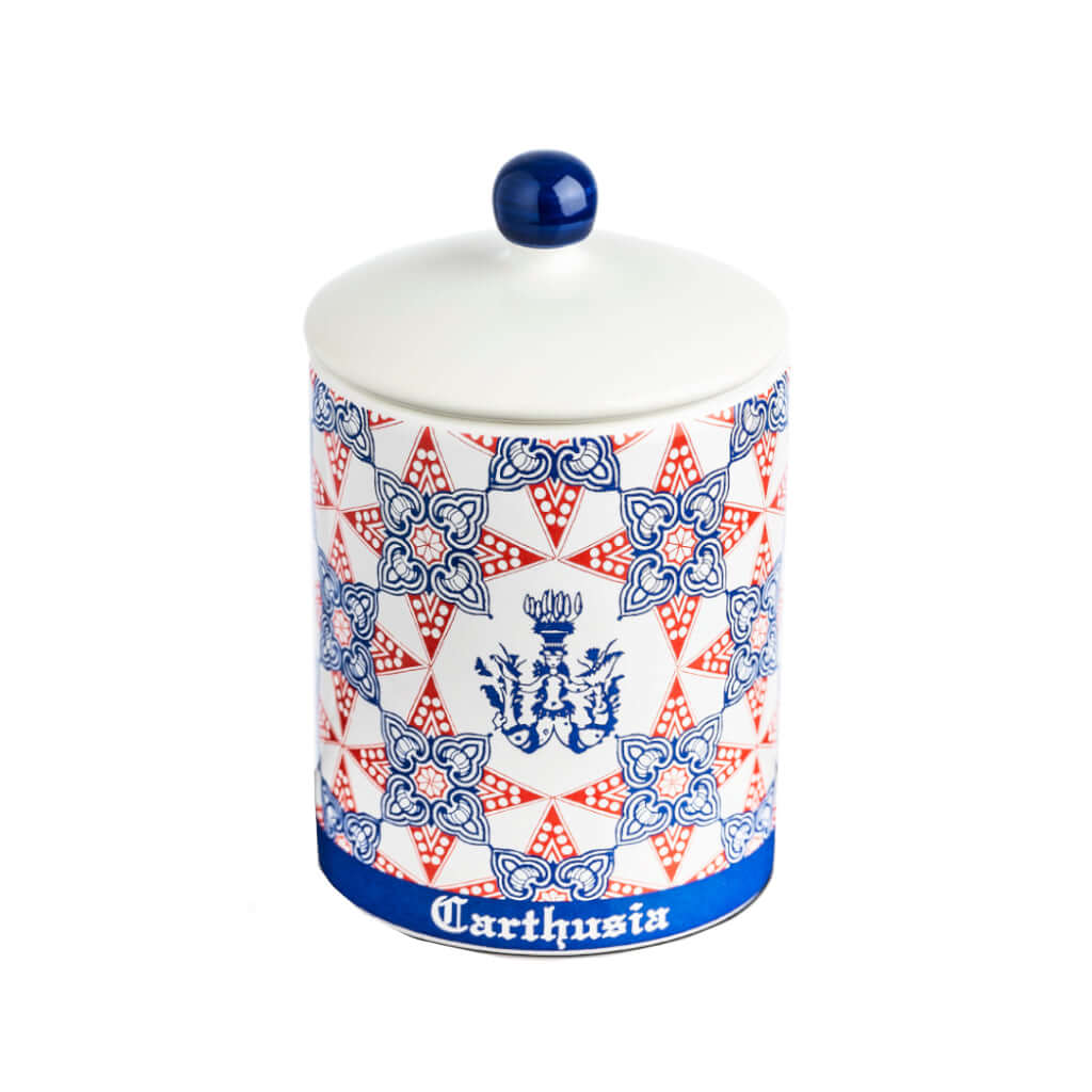 Ceramica Rosso Candela by Carthusia, handcrafted candle holder with colorful intricate design.