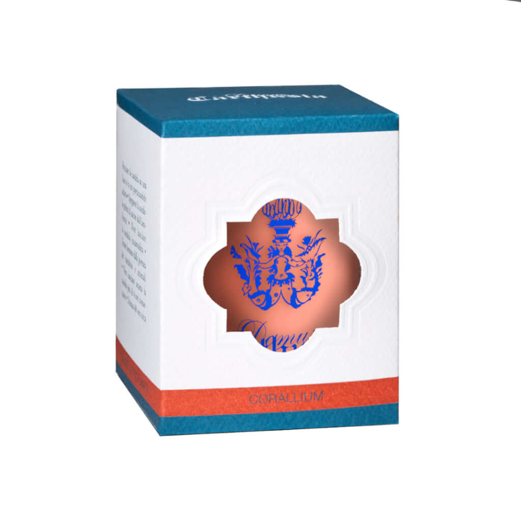 Corallium Candela packaging with embossed logo, featuring elegant design and vibrant colors, perfect for home fragrance.