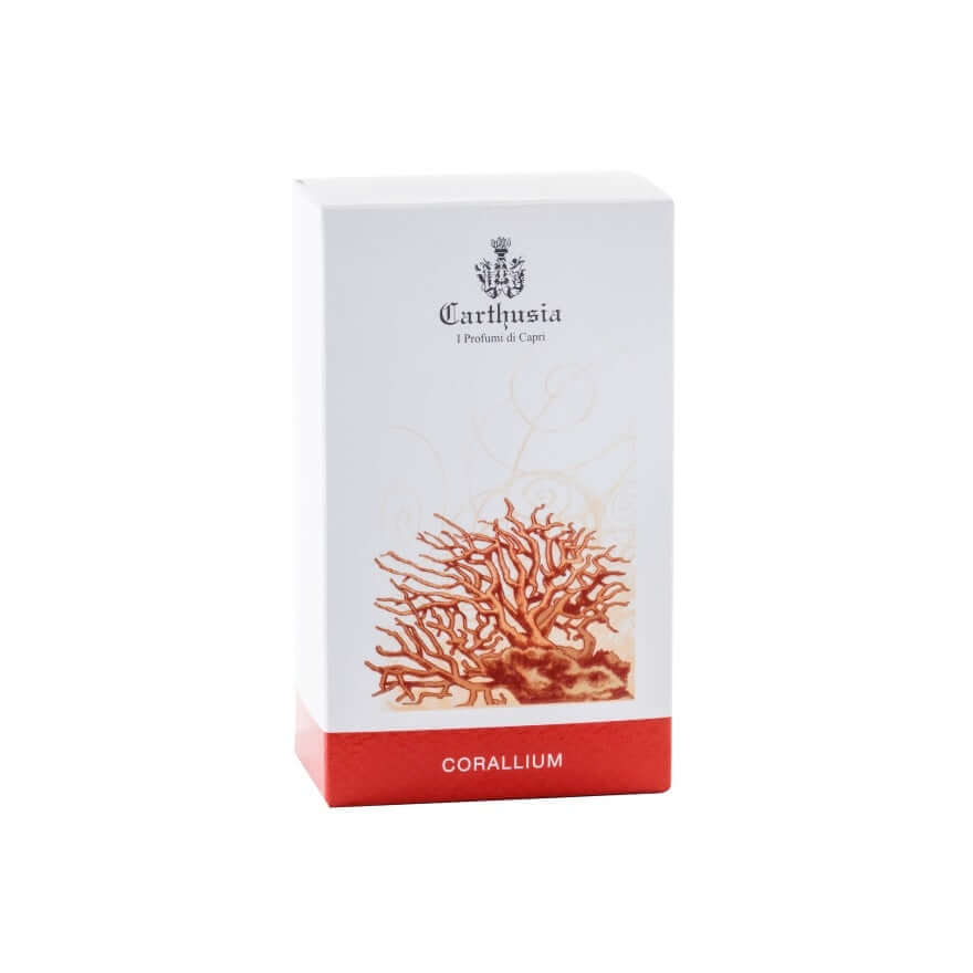 Corallium Eau De Parfum box, featuring coral design. Intense fragrance inspired by the sea.