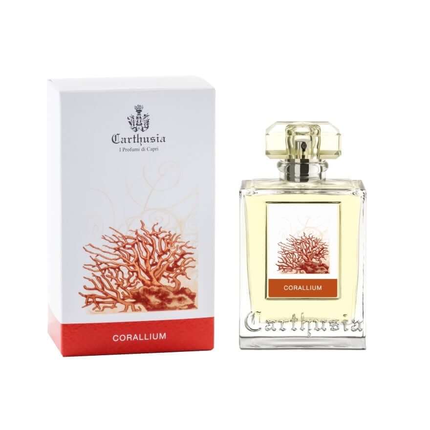 Corallium Eau De Parfum by Carthusia in a clear bottle with a coral design on the box, showcasing a marine-inspired fragrance.