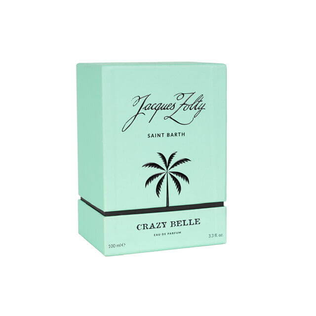 Crazy Belle Eau De Parfum packaging, 100 ml, by Jacques Folty, elegant design with palm tree motif.