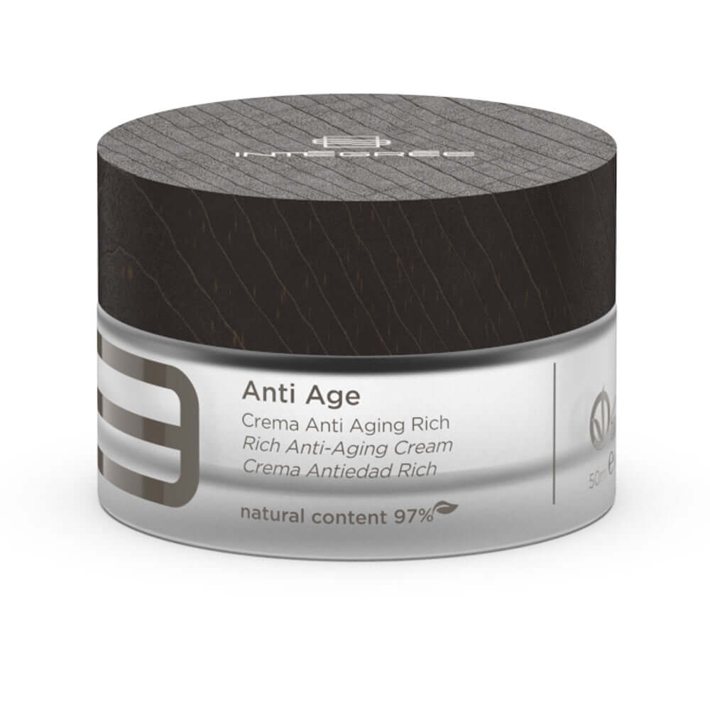 Crema Anti Aging Rich anti-aging cream in a glass jar with a wooden lid, designed for youthful, radiant skin.