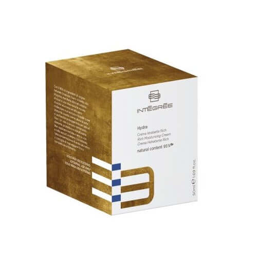Crema Idratante Rich con 95% ingredienti naturali, confezione dorata, trattamento idratante e protettivo.