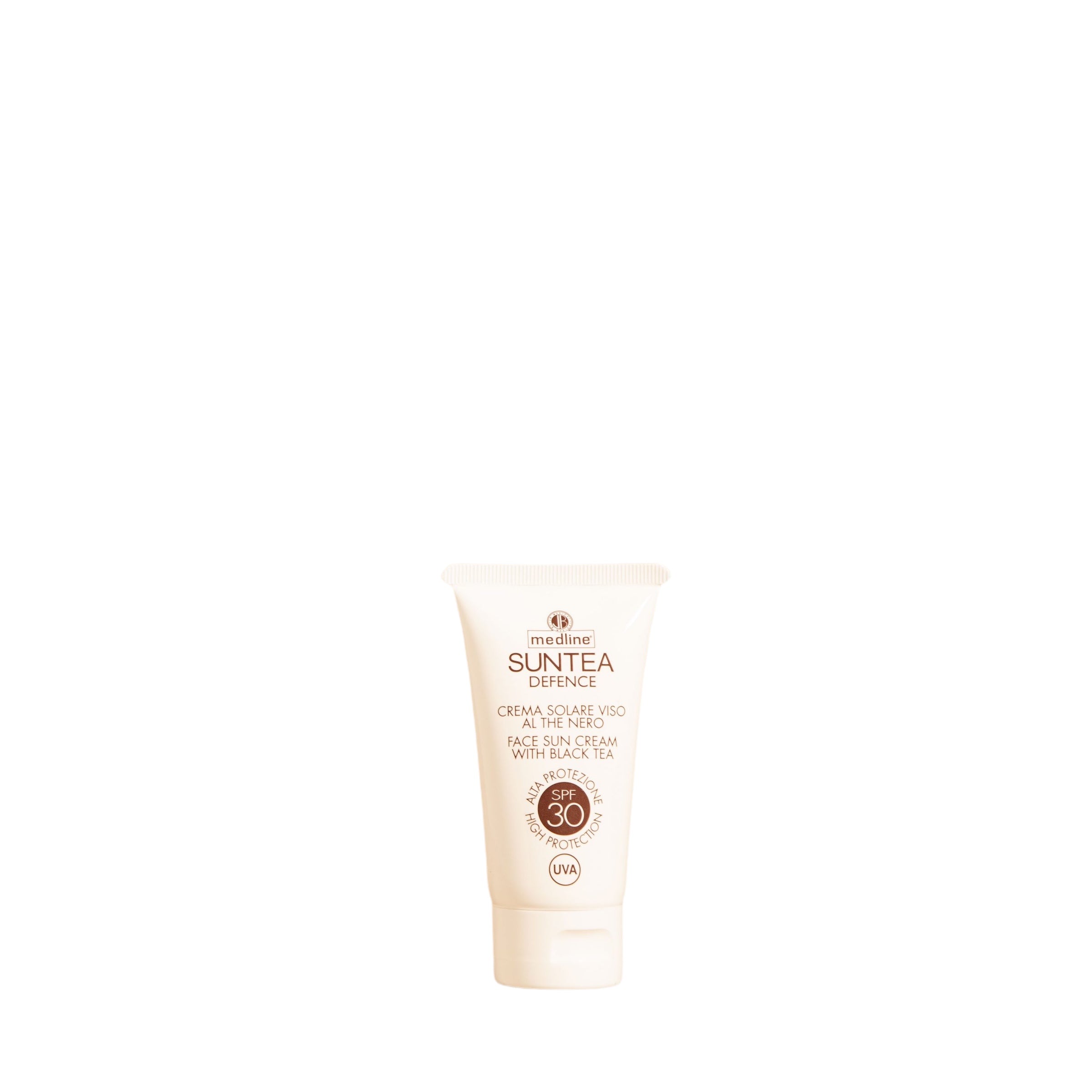Crema solare viso al the nero SPF 30, protezione solare ad ampio spettro in tubetto da 50 ml.