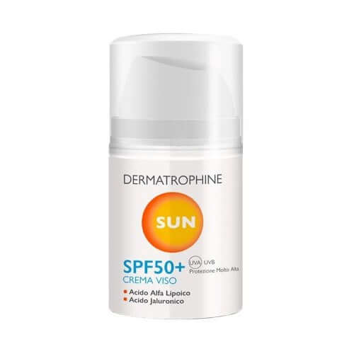 Crema Viso SPF 50+ in flacone, protezione solare alta per il viso con acido ialuronico, texture morbida e profumata.