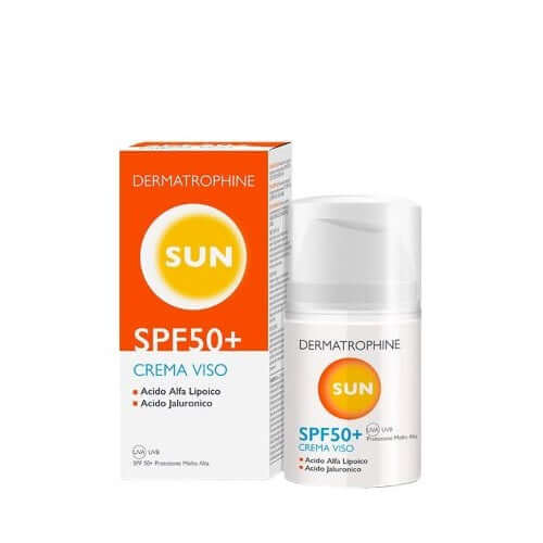 Crema viso SPF 50+ con acido ialuronico, alta protezione solare per una abbronzatura luminosa, 50 ml.