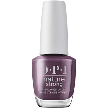 Bottle of OPI Nature Strong vegan nail lacquer in a rich purple shade, showcasing natural ingredients.