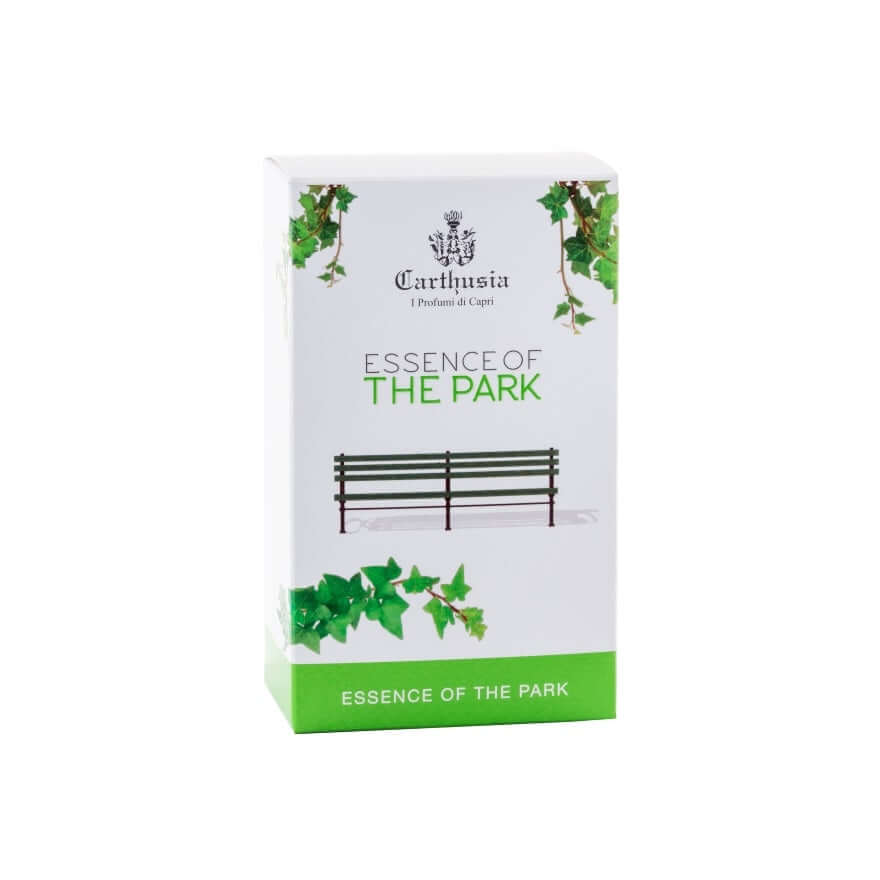 Essence of The Park Eau De Parfum packaging featuring green ivy design, 100 ml fragrance by Carthusia.