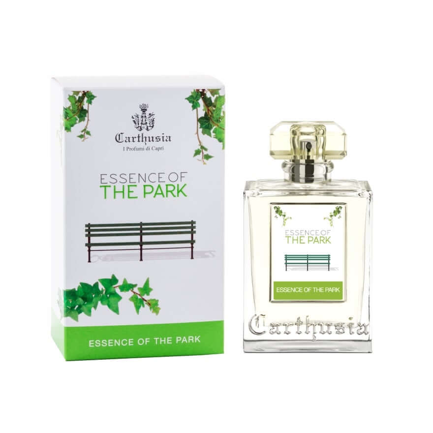 Essence of The Park Eau De Parfum bottle with packaging featuring green leaves and a park bench design.