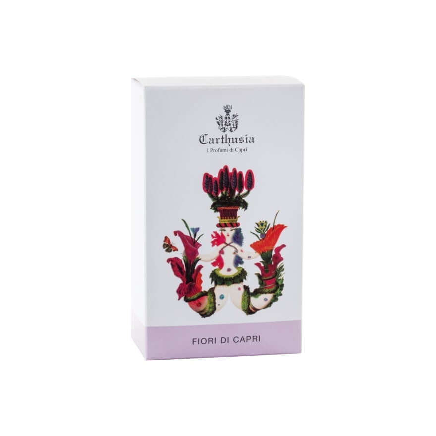 Fiori Di Capri Eau De Parfum box featuring floral design and elegant packaging. 100 ml of refined fragrance.