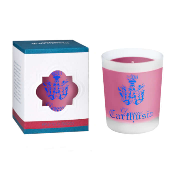Frutto di Bacco Candela in glass with Carthusia logo and box, scented candle for home fragrance.