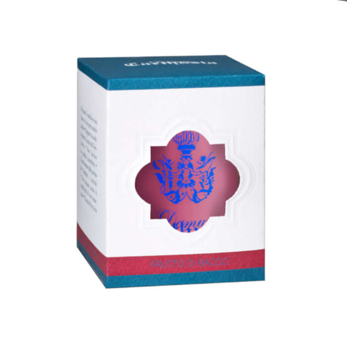 Frutto di Bacco candle box with Carthusia logo, featuring a colorful design for home fragrance, 190 gr.