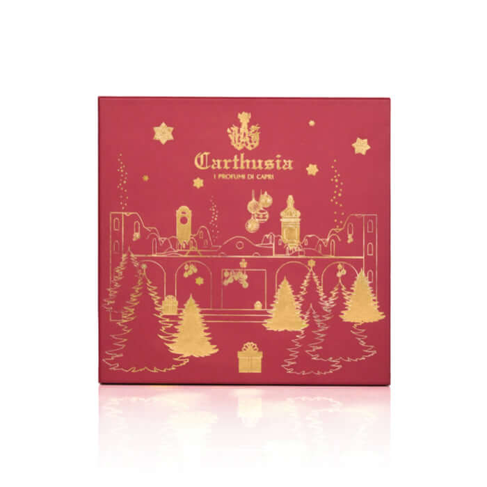 Gelsomini di Capri Marina Piccola gift box, red and gold festive design for Christmas personal care products.