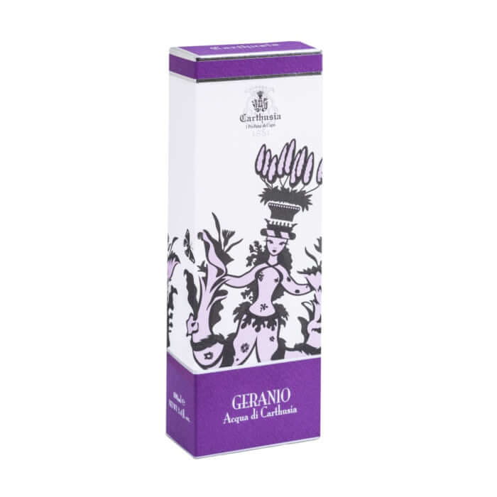 Packaging of Geranio Acqua Profumata by Carthusia, featuring floral artwork and elegant design.