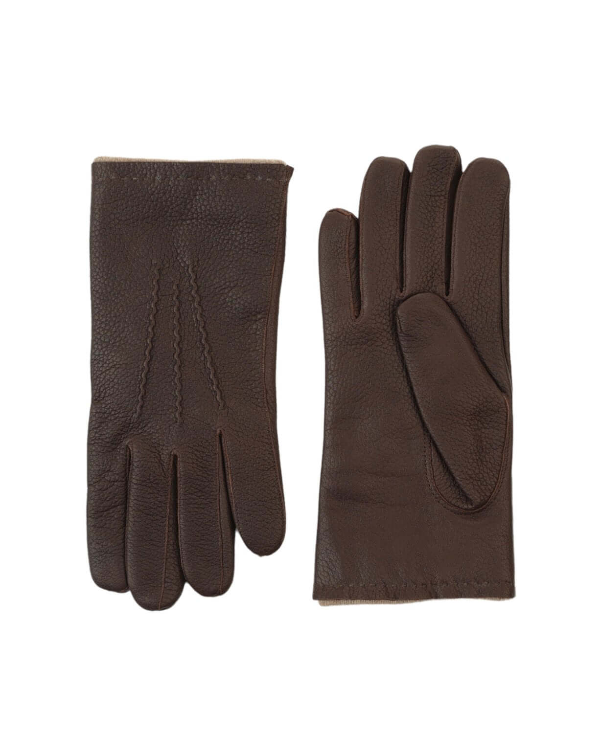 Guanti Drummed Castagna: brown leather gloves lined with cashmere and wool, made in Italy.