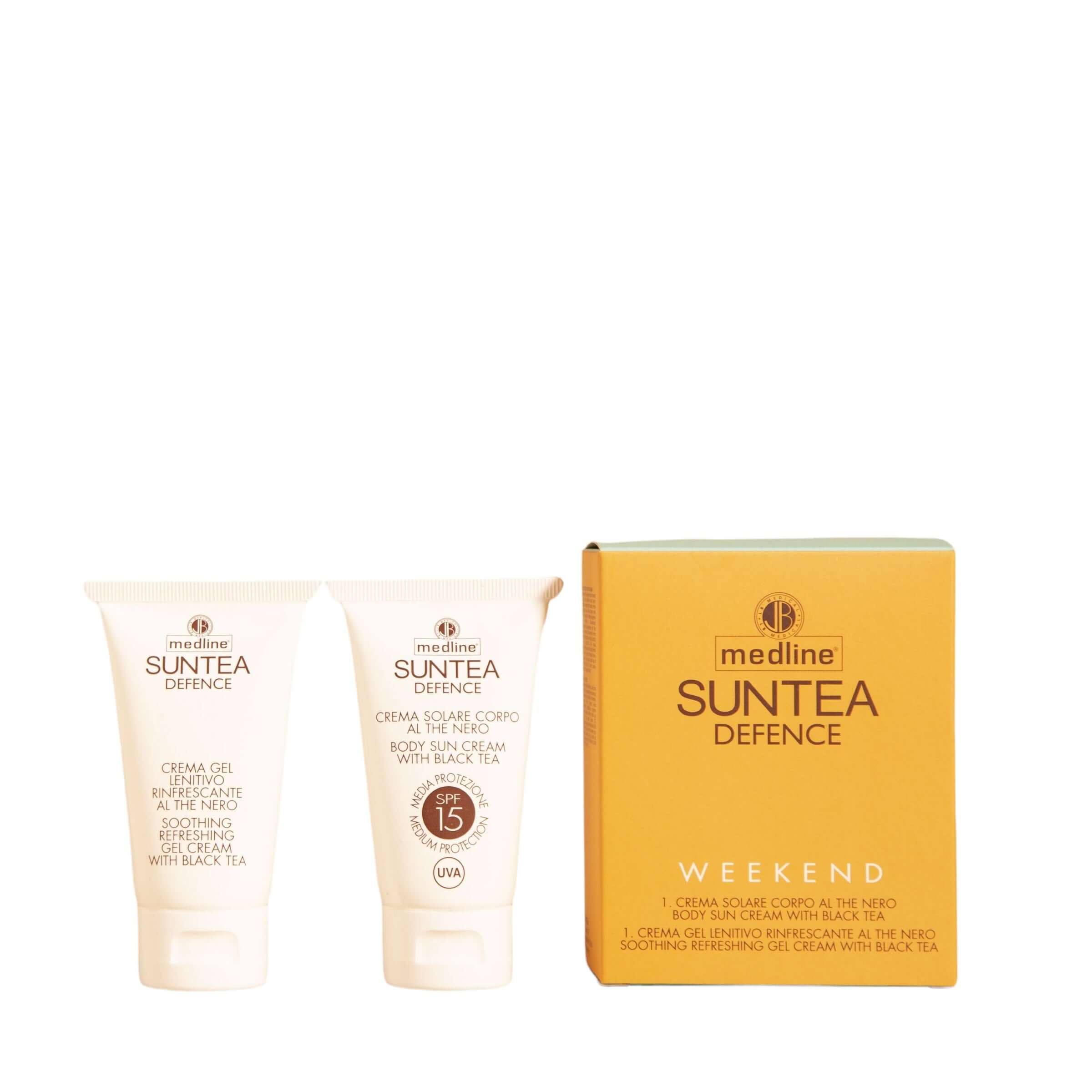 Kit Solare Weekend with SPF15 sunscreen and soothing gel, perfect for travel or short vacations.