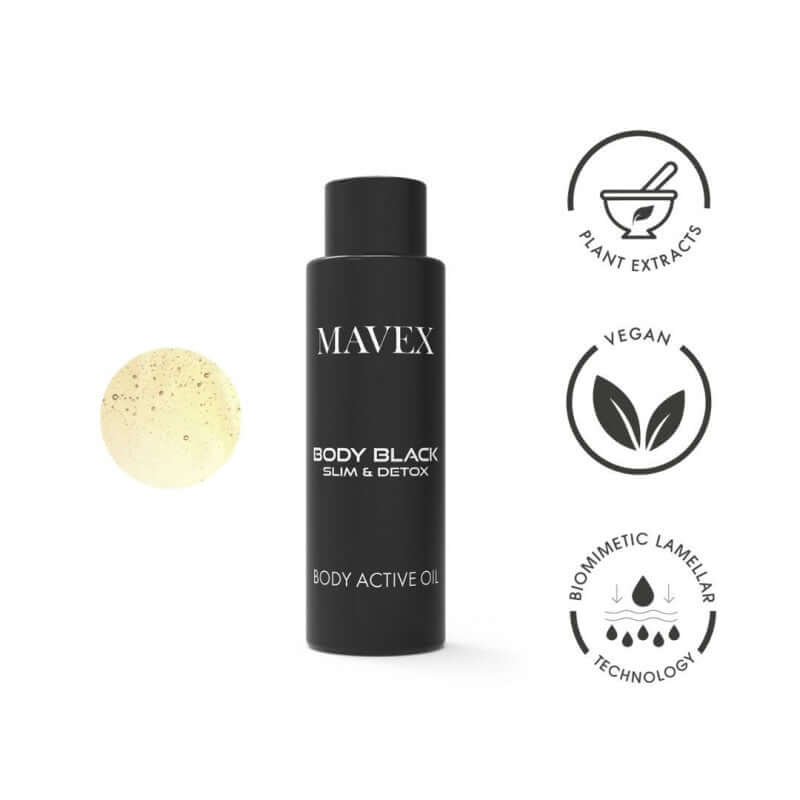 Body Black Slim & Detox oil bottle with plant extracts, vegan label, and biomimetic technology icons.