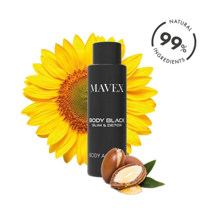 Mavex Body Black Slim & Detox oil bottle with sunflower and natural ingredients label, rich in 99% natural components.